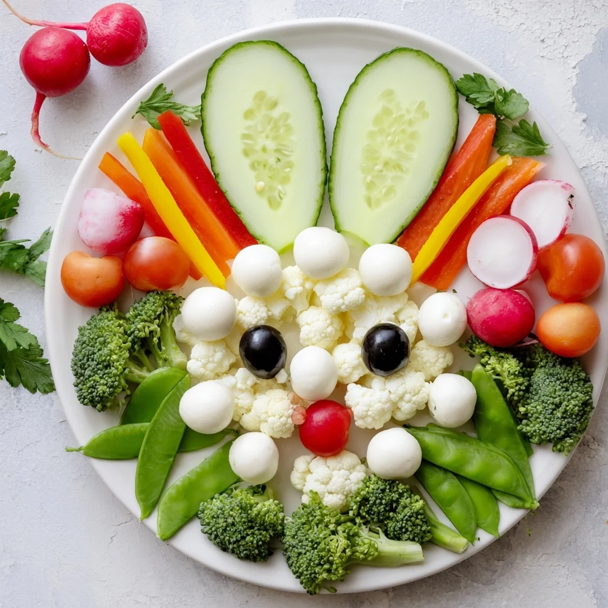 Fresh, colorful Easter Bunny Spring Platter: a vibrant veggie and dip appetizer with bunny features for Easter.