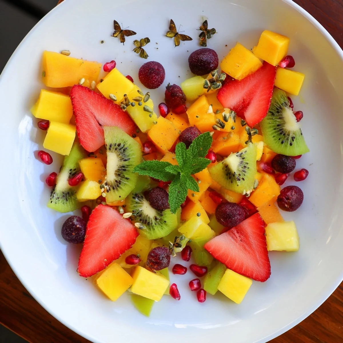 A beautiful serving of Papillon de Fruits dÉté, showcasing sweet summer fruits arranged artfully on a platter.