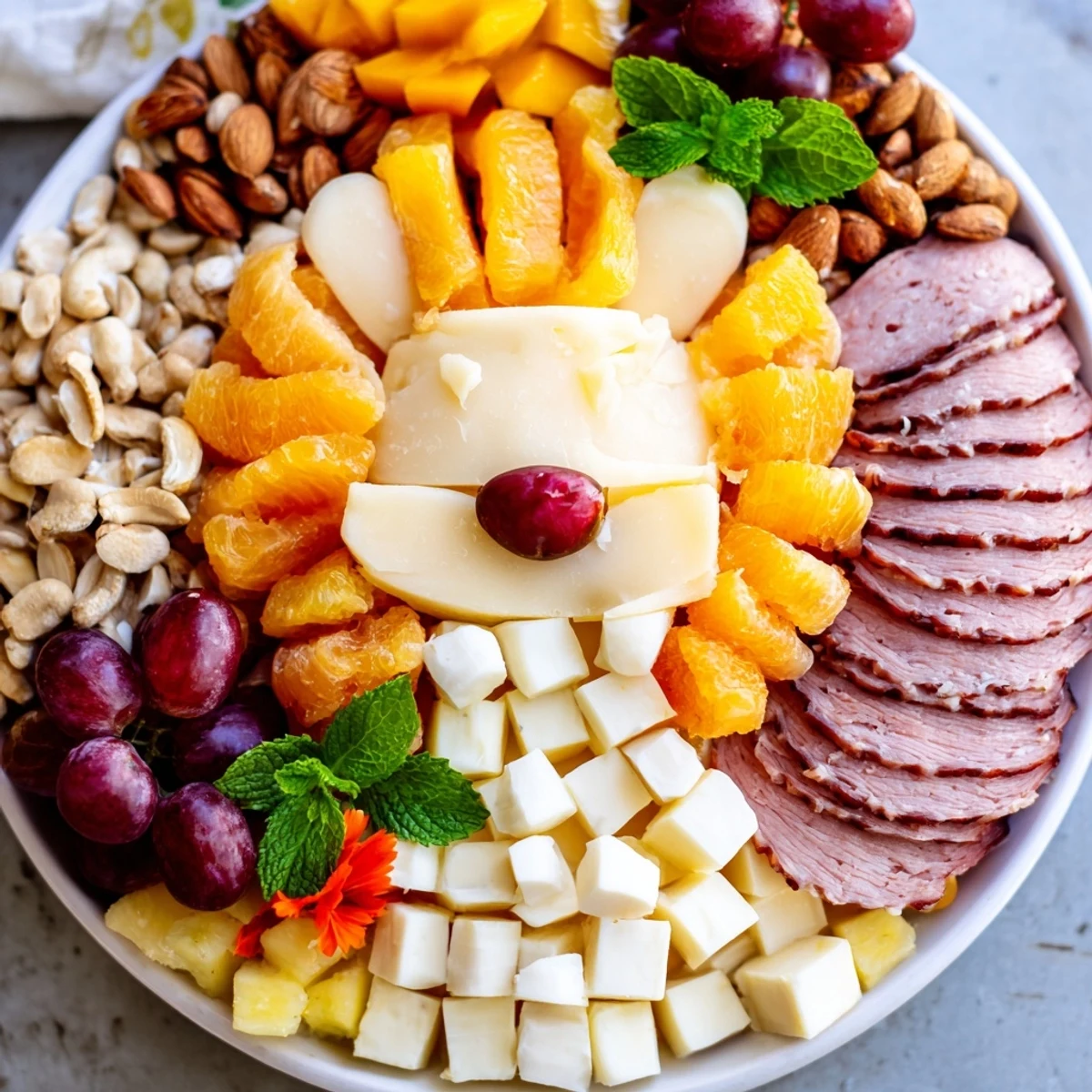 An appetizing Lion King savory meat and cheese platter featuring a colorful meat and cheese arrangement.