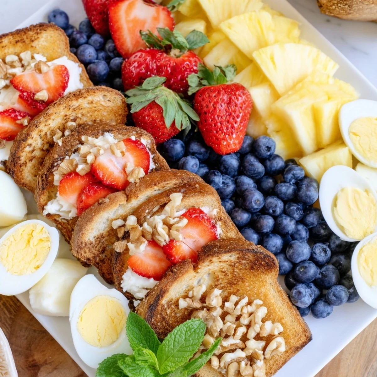 Good Morning Sun Breakfast Board overflowing with fresh fruits, cheese, and pastries, a perfect start.