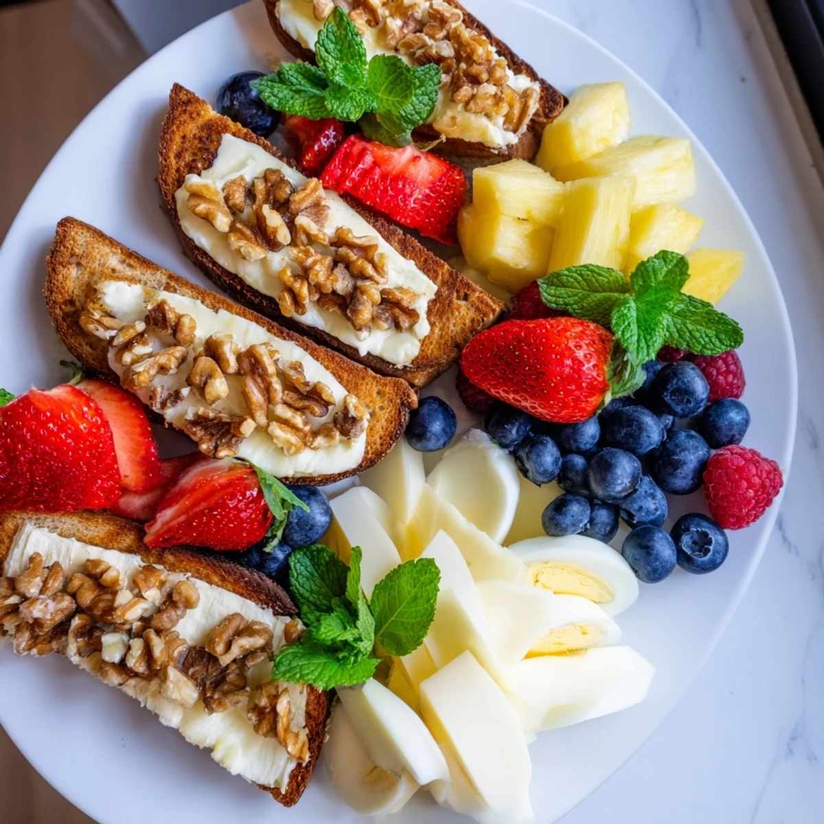 A beautifully arranged Good Morning Sun Breakfast Board showcasing colorful fruit, eggs, and creamy cheeses for brunch.