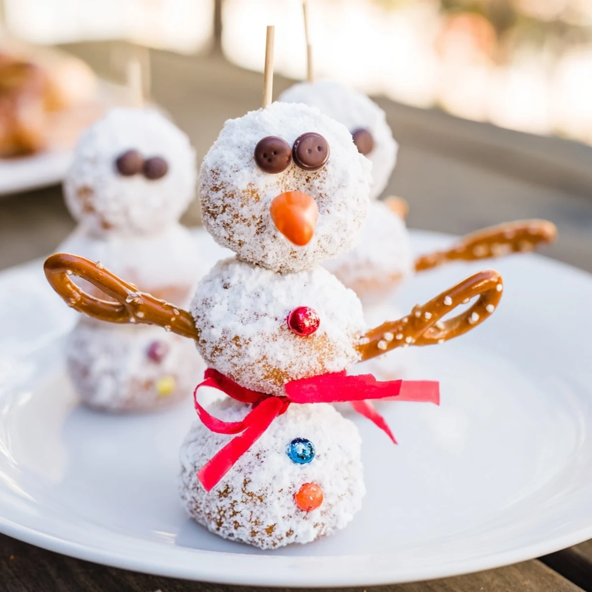 Enjoy these adorable Mini Donut Snowman stacks, perfect for holiday parties, with pretzel arms.