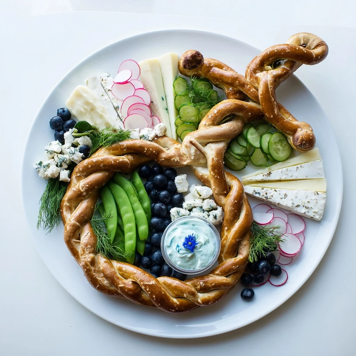 A beautifully arranged Anchor Maritime Board with blueberries, cheeses, and rope-like pretzels.