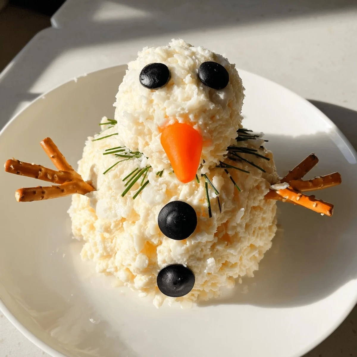 These creamy and cute Melted Snowman Cheese Bites are ready to serve with crackers for a delightful winter treat.