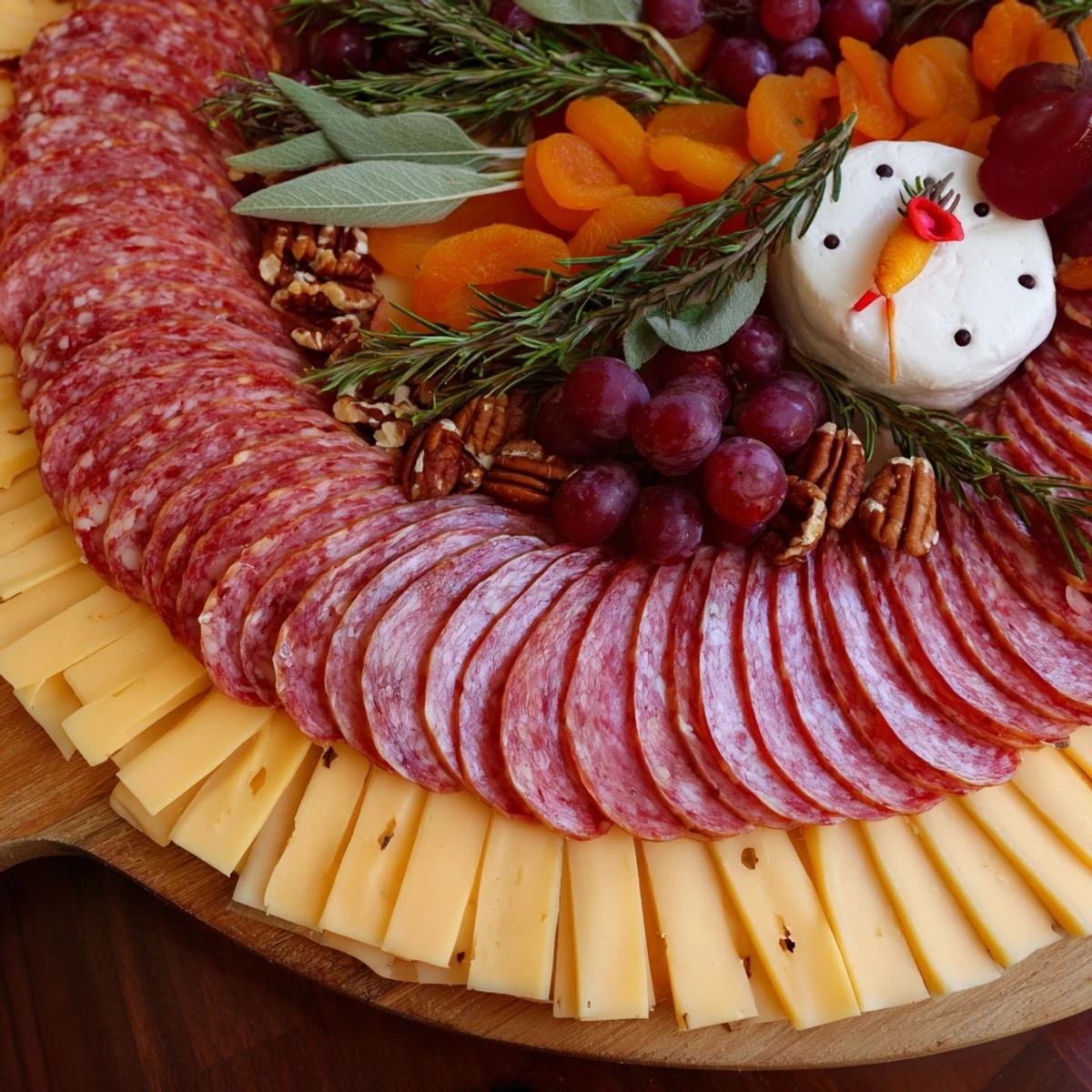 Arranged artfully, this Thanksgiving-ready Turkey Tail Fan charcuterie board boasts savory meats and creamy cheeses.