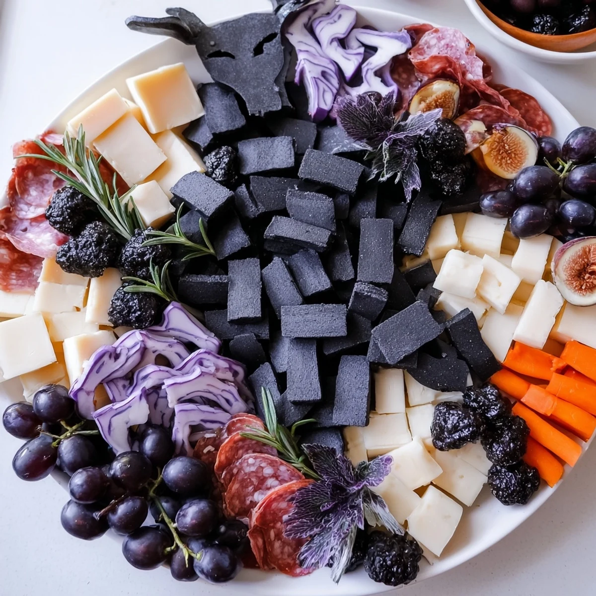 A Halloween charcuterie board shows a ghostly outline filled with cheeses, meats, and fruits.