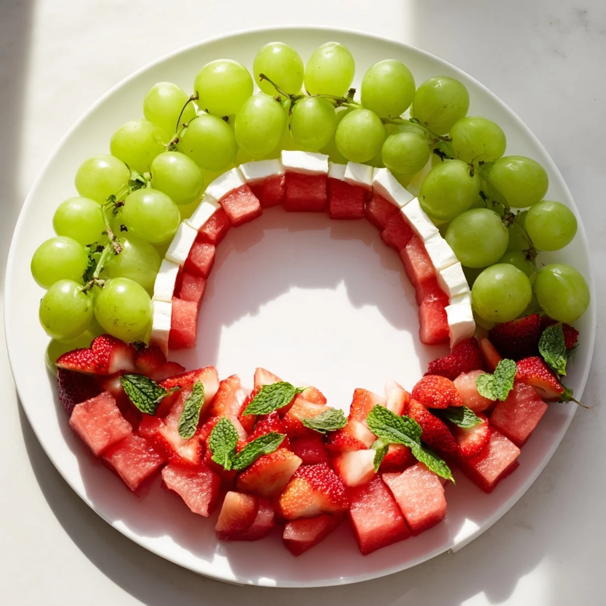 Fresh Summer Watermelon Slice appetizer, with juicy fruit, creamy cheese, and green grape rind.