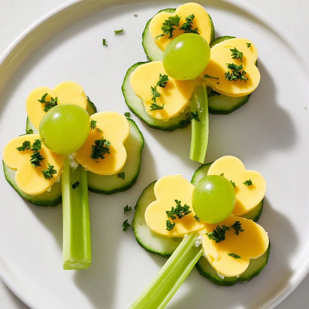 Fresh-looking Lucky Four-Leaf Clover Snack made with cucumber, cheese, and a celery stem in beautiful arrangement.