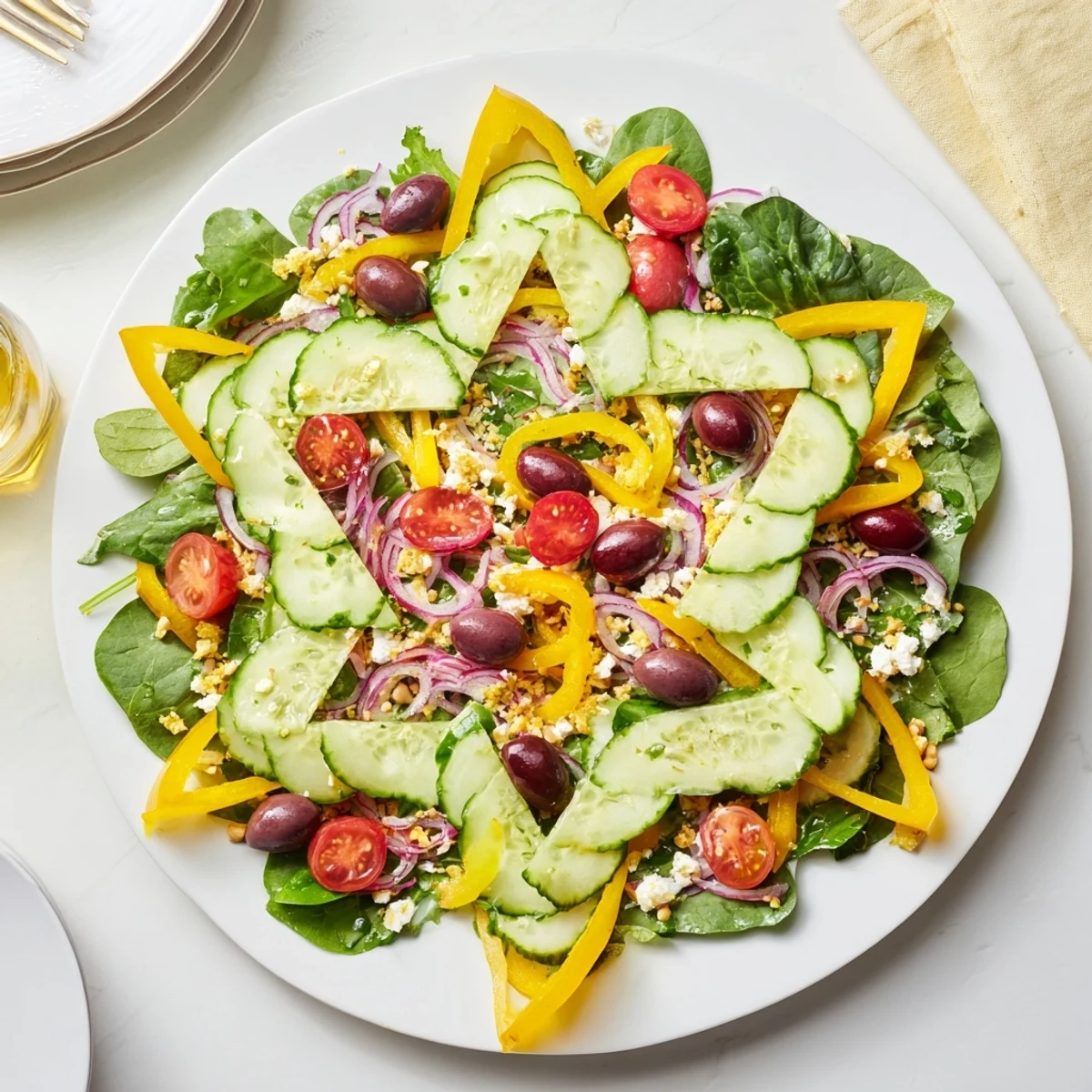 Fresh, colorful Star of David Salad Platter with vibrant vegetables arranged festively, ready to serve.
