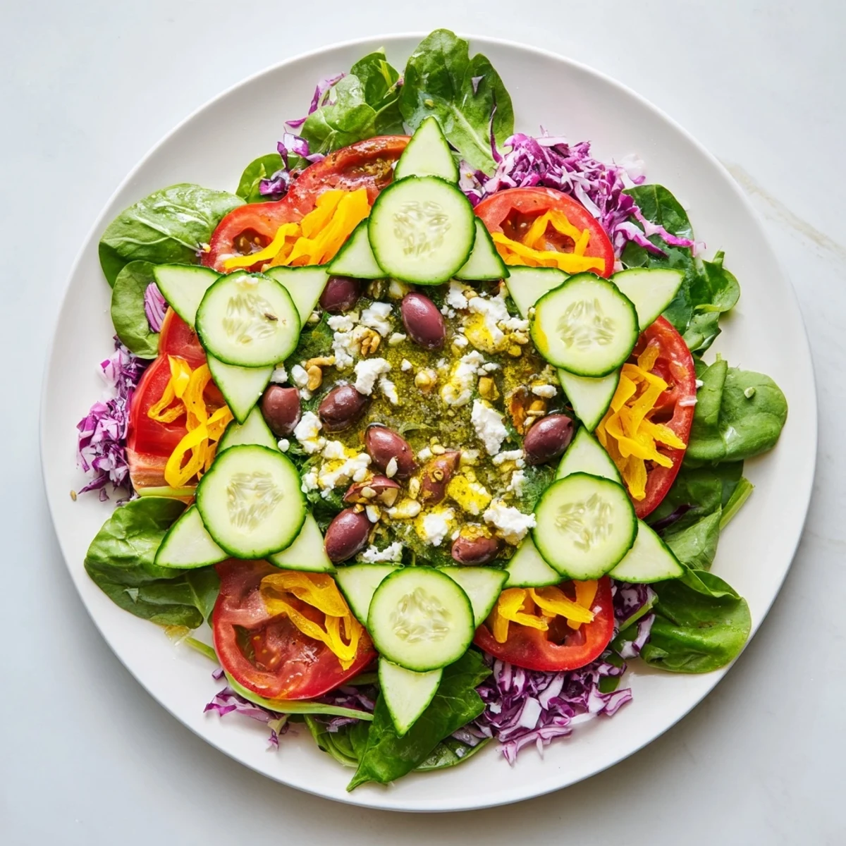 A gorgeous Star of David Salad Platter, showcasing crisp cucumbers, tomatoes, and feta, perfect for Hanukkah.