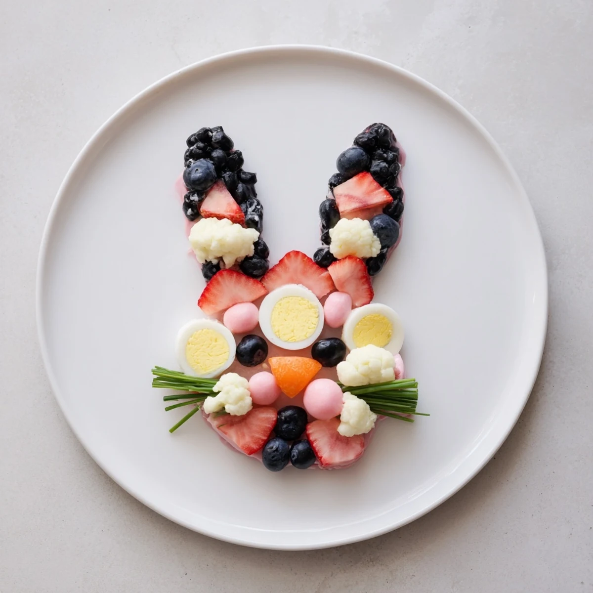Vibrant bunny silhouette platter filled with fresh fruits and cheeses creates this festive appetizer.