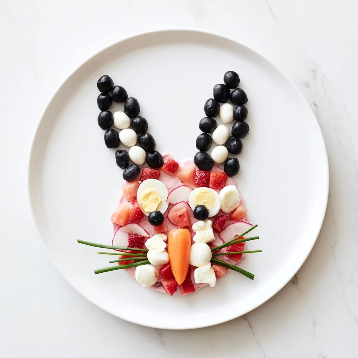 This Bunny Silhouette recipe features colorful fruits and vegetables, artfully arranged on a platter.