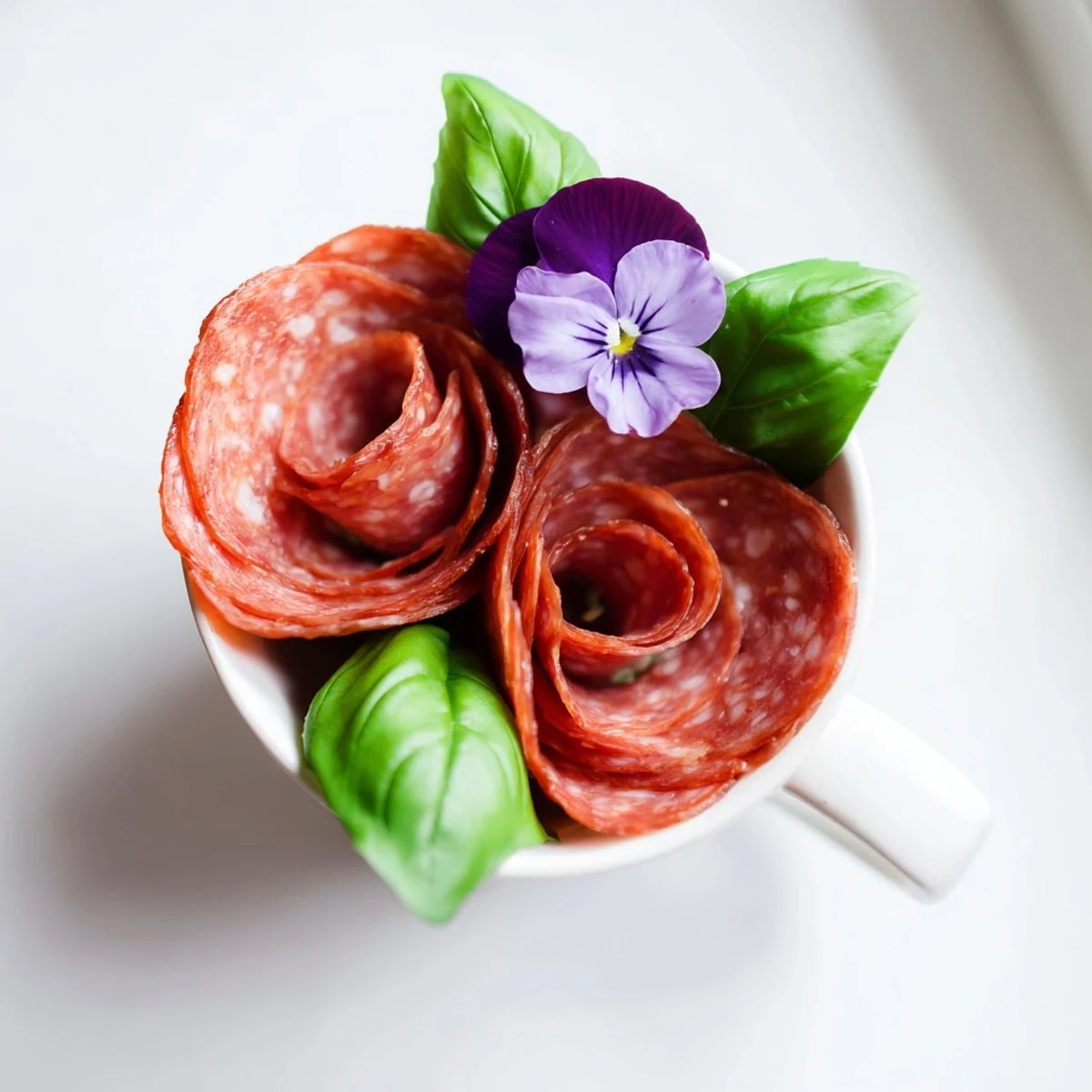Elegant Victorian Tea Rose appetizer: salami and pepperoni roses nestled in porcelain teacups, ready to serve.