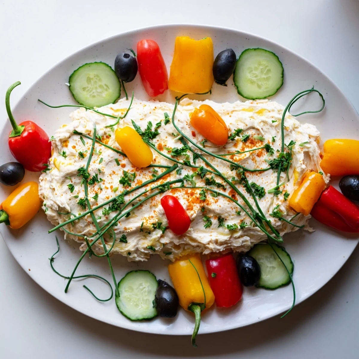 Festive Christmas Lights Appetizer Spread with colorful bell peppers and olives on creamy cheese.