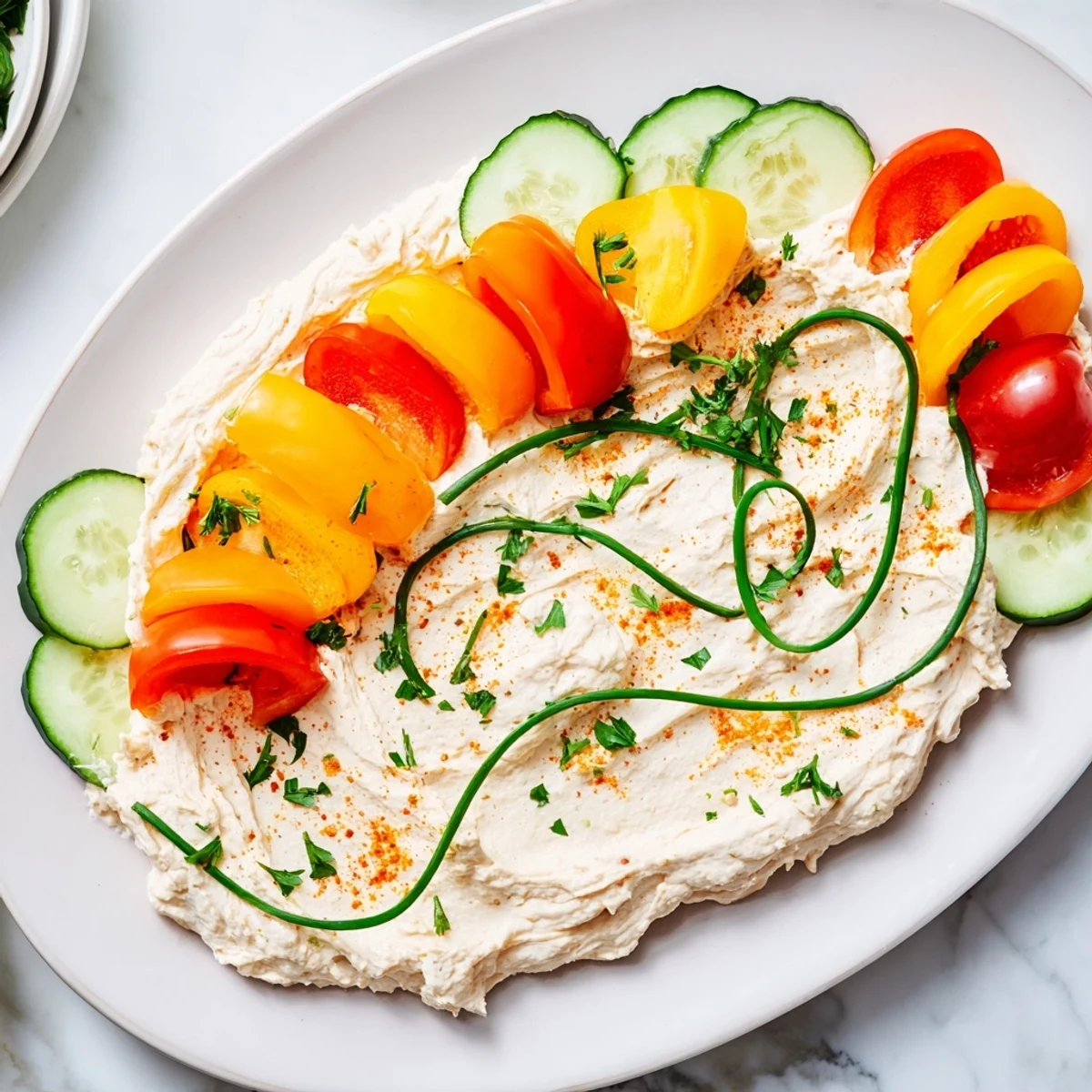 Vibrant Christmas Lights Appetizer Spread boasts cheese with tomatoes and veggies, ready to enjoy.