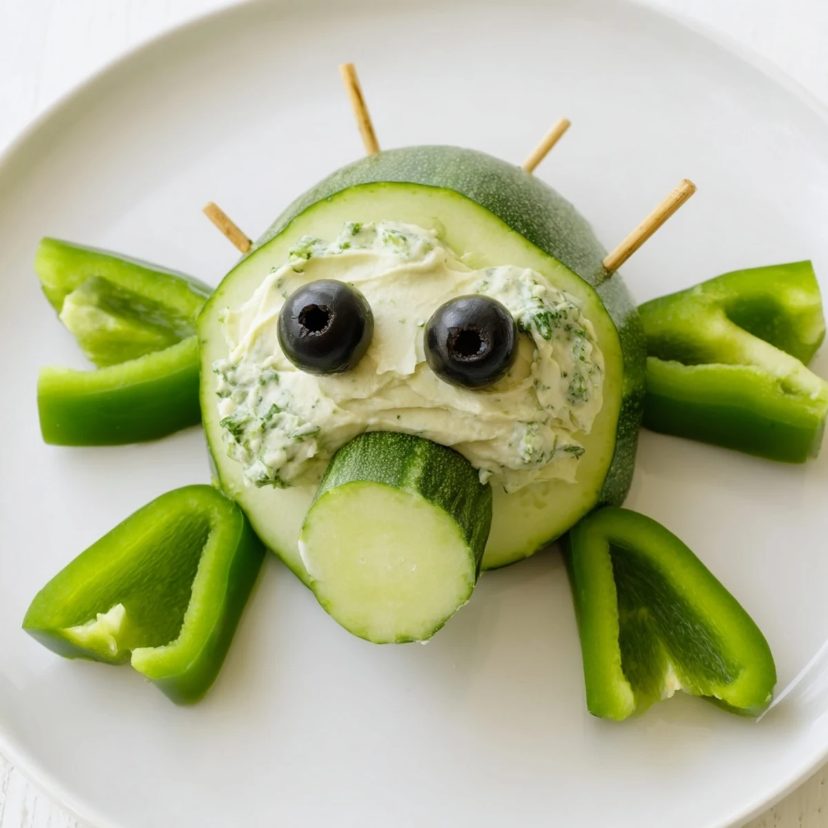Freshly arranged Slow & Savory Turtle Crudités with olive eyes and colorful vegetable sides.