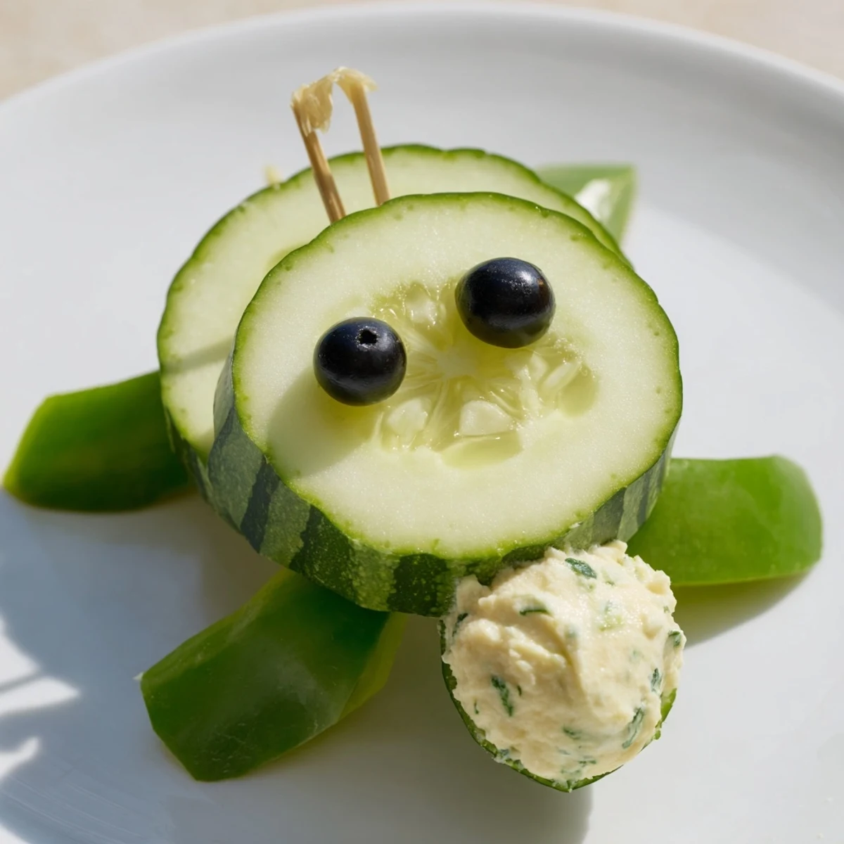 Enjoy easy Slow & Savory Turtle Crudités: cucumber, bell pepper turtles ready for dipping in herbed yogurt.
