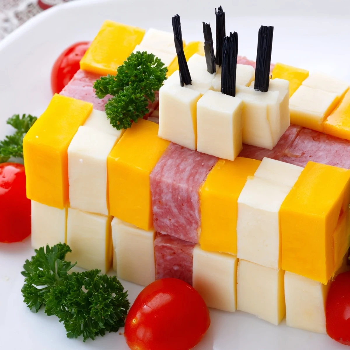 Vibrant The Checkerboard Chalet appetizer showcases cheese and meat cubes in perfect checkerboard design, ready to enjoy.
