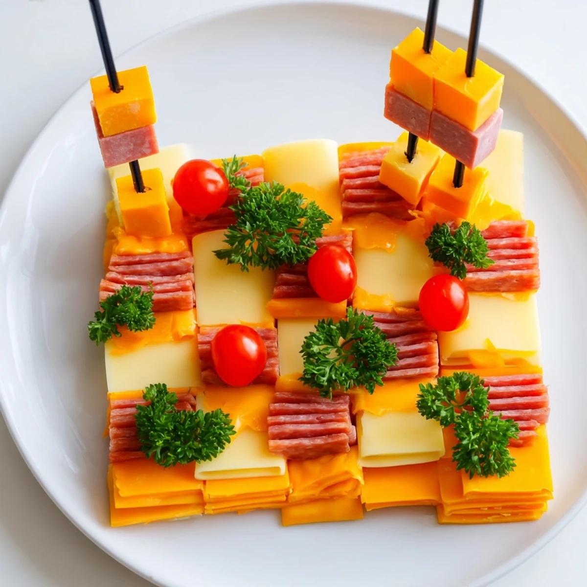 A delicious, detailed image of The Checkerboard Chalet appetizer, a visually stunning cheese and meat creation for your guests.