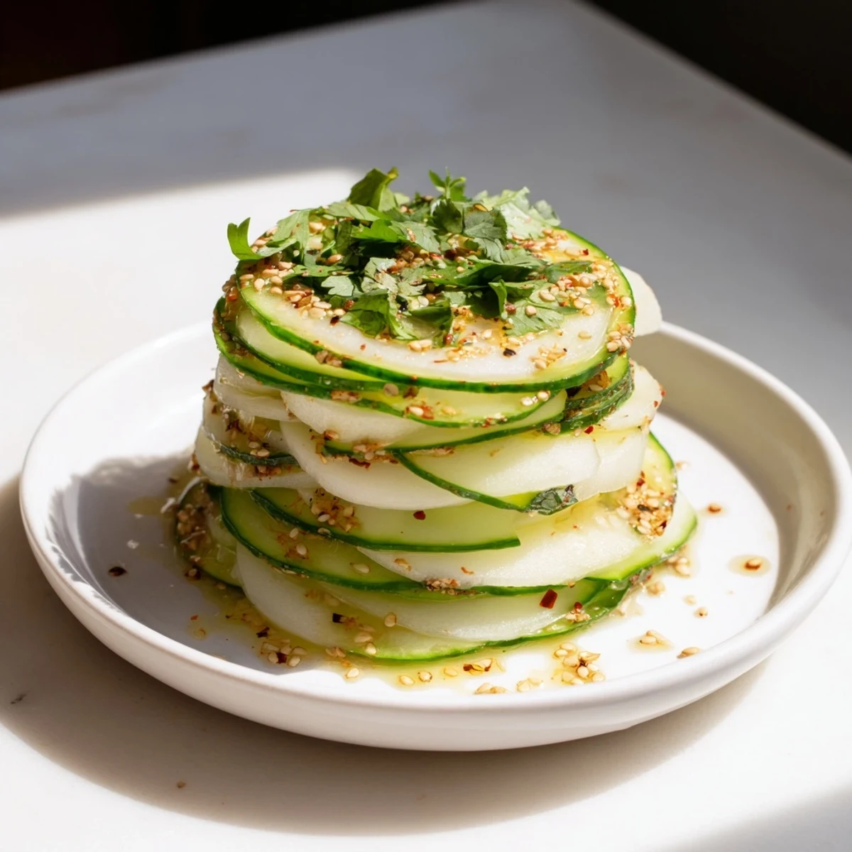 Cool and crunchy: Refreshing Jicama and Cucumber Slice Stack, ready to enjoy as a light, healthy snack.
