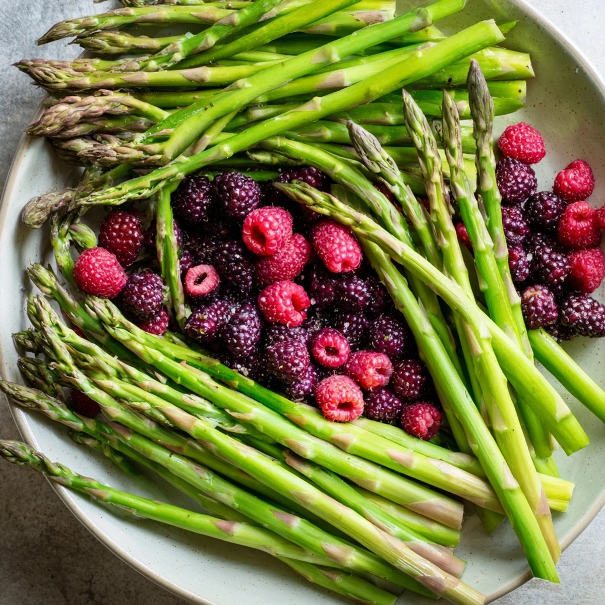 Beautiful The Botanical Lattice appetizer with woven asparagus, fresh fruits, and chives, ready to serve.
