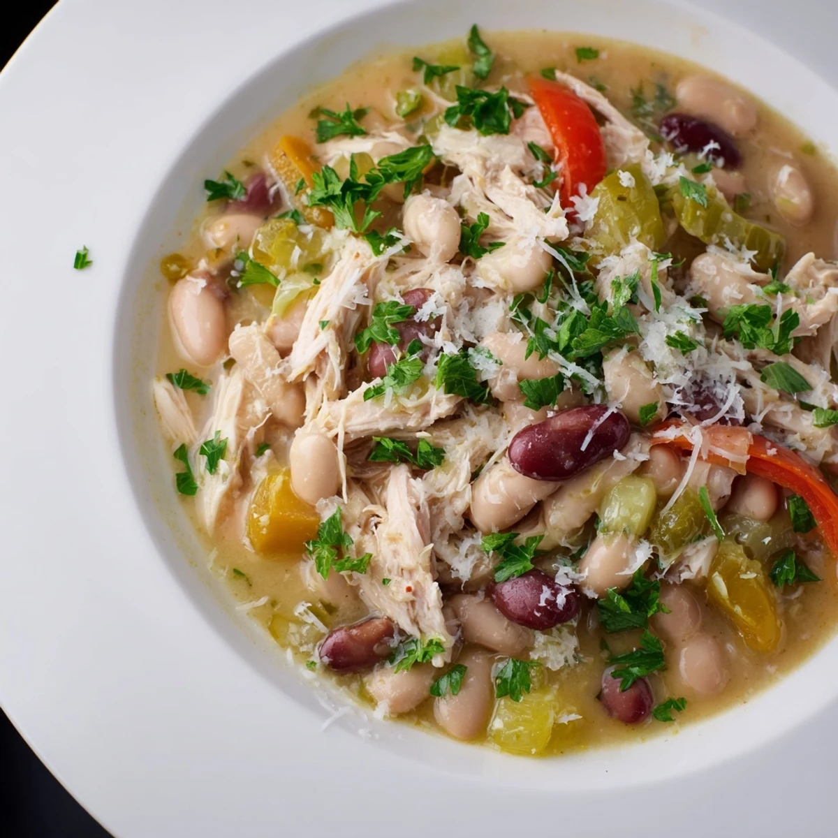 A creamy, hearty serving of White Bean and Roasted Red Pepper Chicken, a delicious easy comfort food main course.
