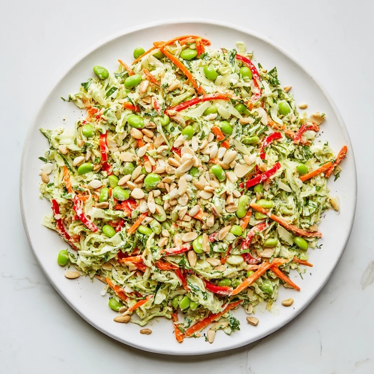 Close-up of a refreshing Crunchy Cabbage and Edamame Salad, topped with crunchy seeds and nuts, for a flavorful side.