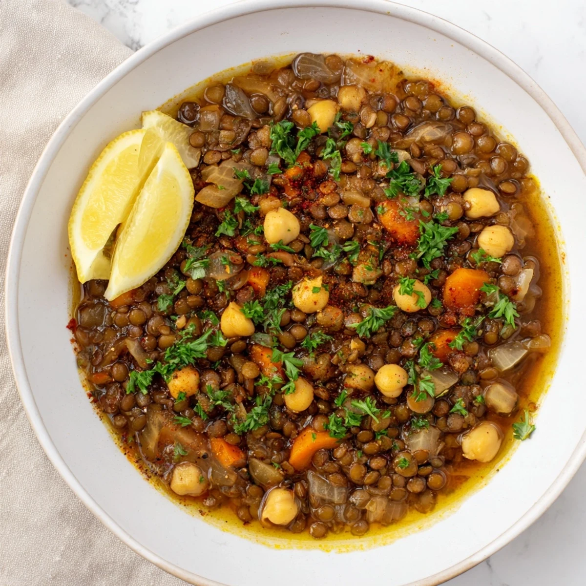Rich, savory Middle Eastern lentil and chickpea stew, a comforting vegan main course, ready to serve.
