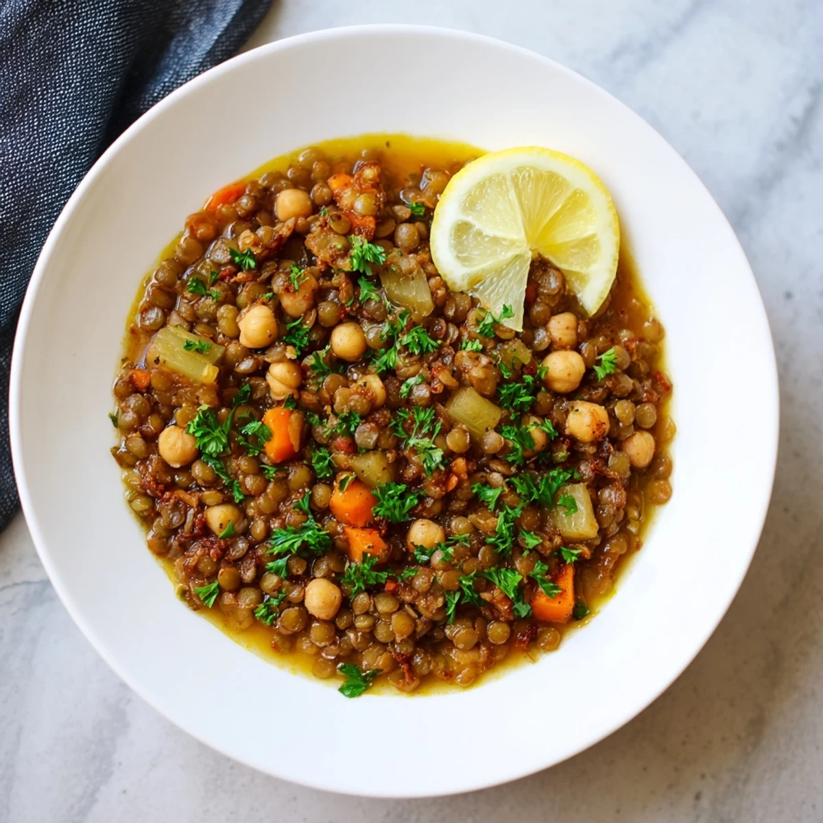 Steaming bowl of Middle Eastern lentil and chickpea stew, garnished with fresh parsley and lemon wedges.