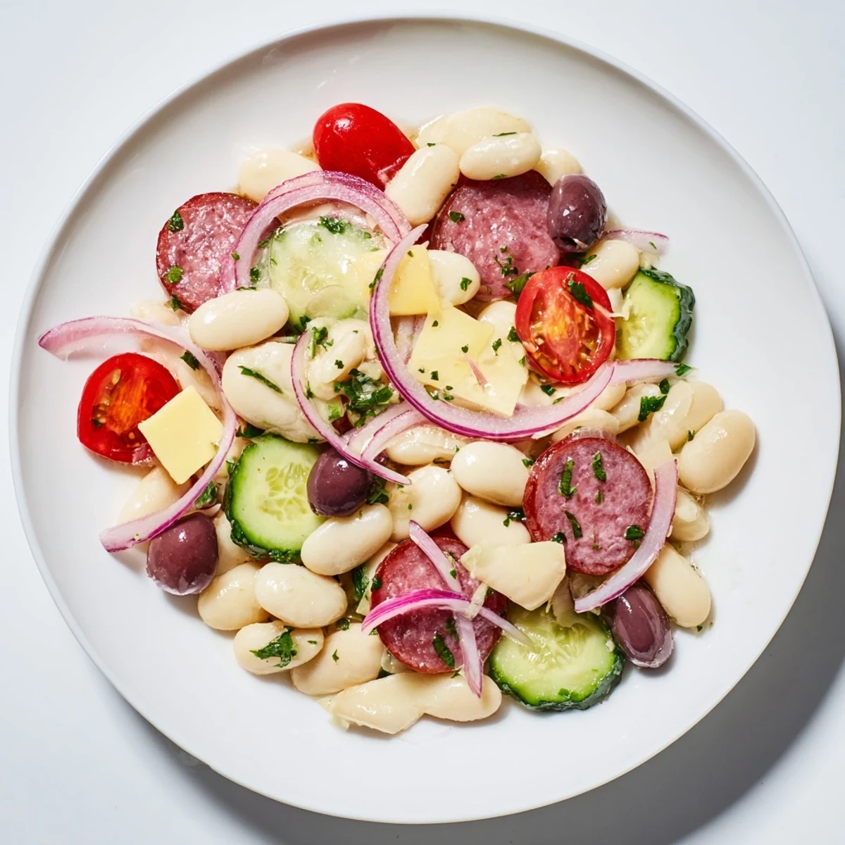 Fresh Italian Antipasto Bean Salad: a delightful combination with creamy beans, provolone, and Italian flavors.