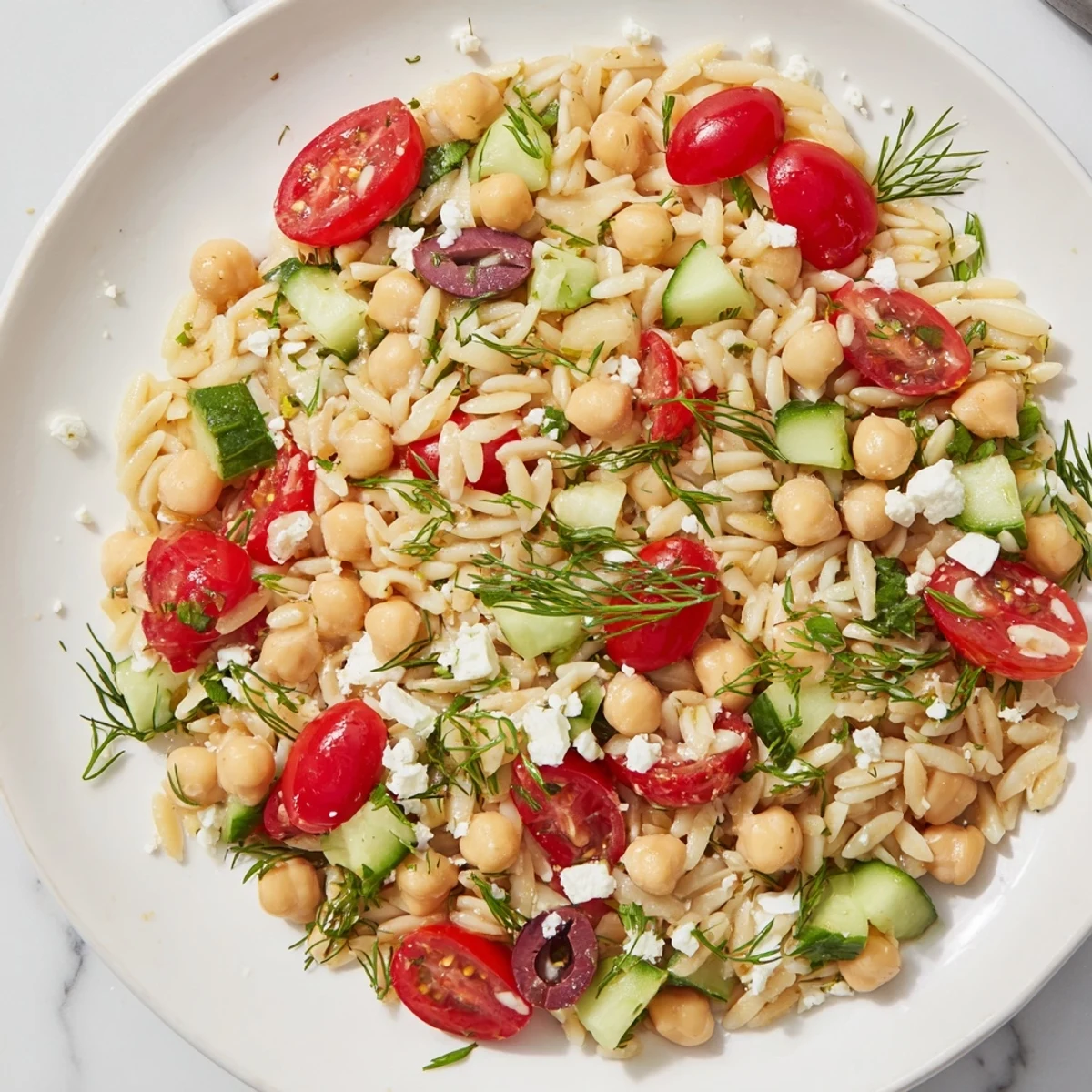 Tangy vinaigrette coats a refreshing Greek Lemon-Orzo Bean Salad; great for a vegetarian Mediterranean meal.