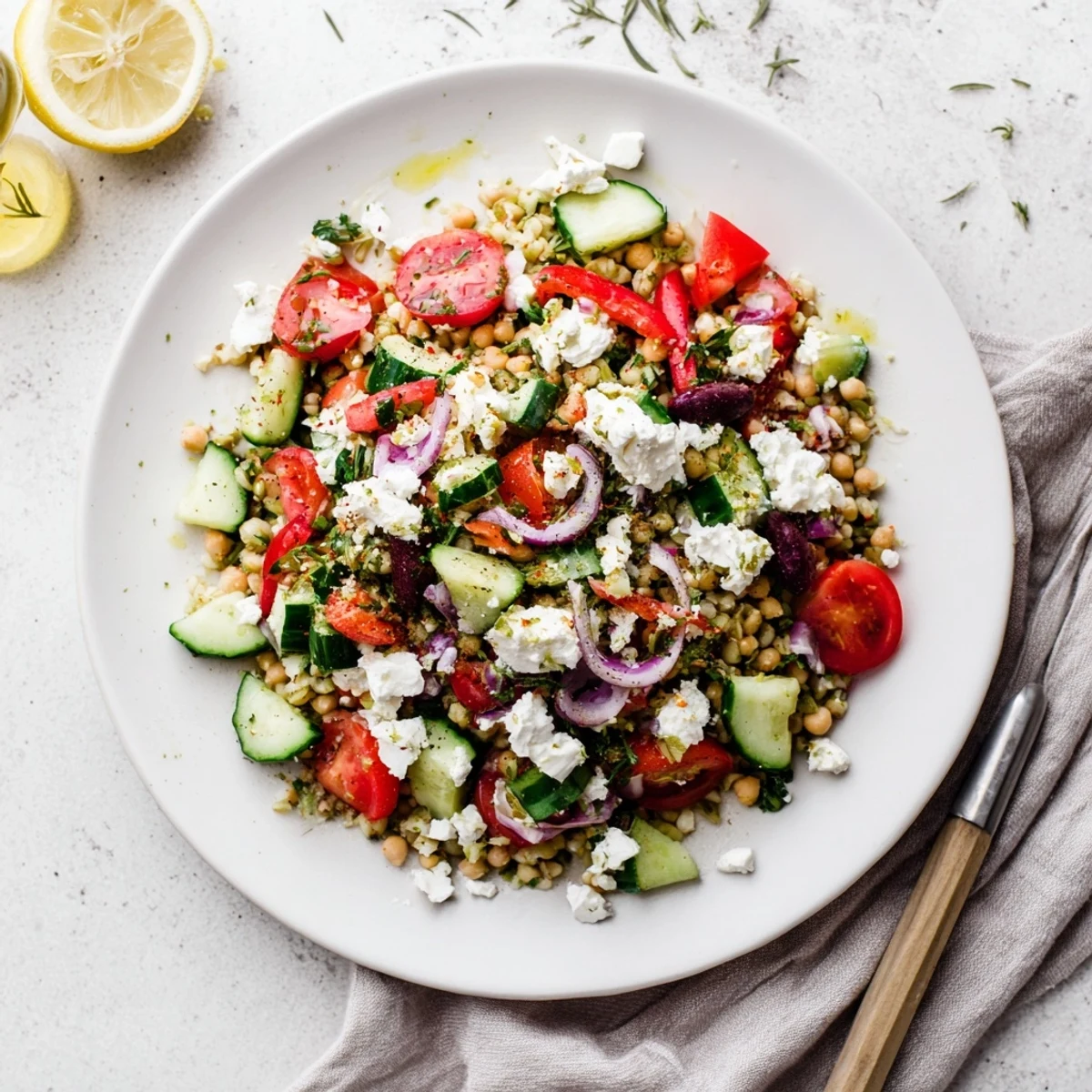 Mediterranean Chickpea and Feta Bowl, a colorful, vibrant dish ready to eat with fresh parsley garnish.