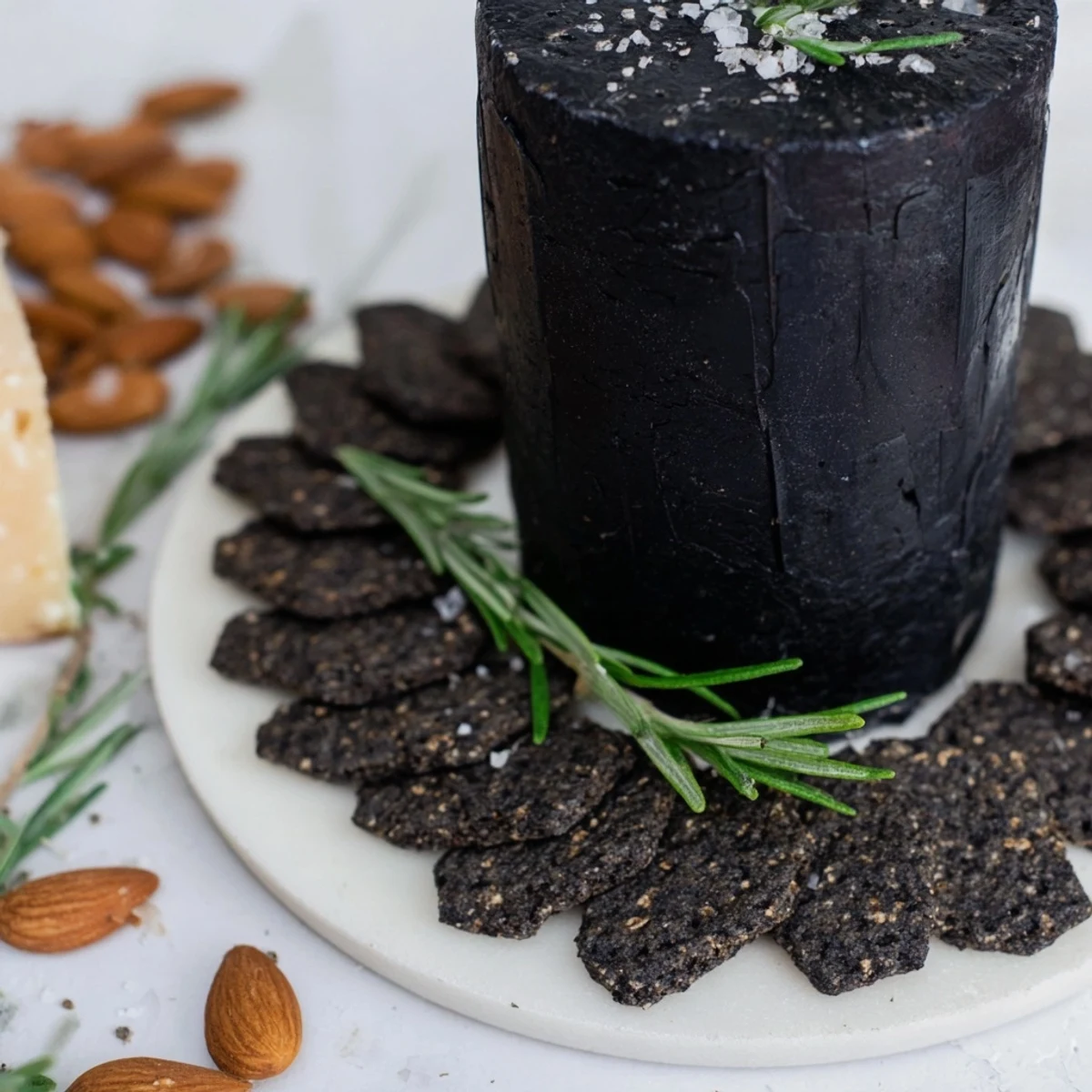 A striking cheese platter, the Obsidian Peak, features black wax cheddar with dark crackers.