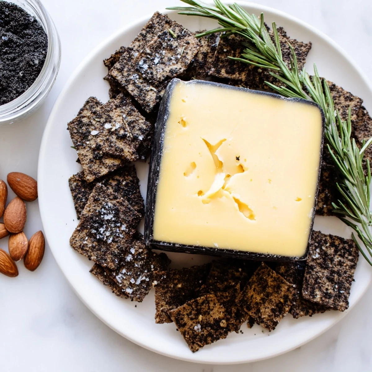 Dramatic cheese platter named The Obsidian Peak, with charcoal almonds and a cheddar mountain.
