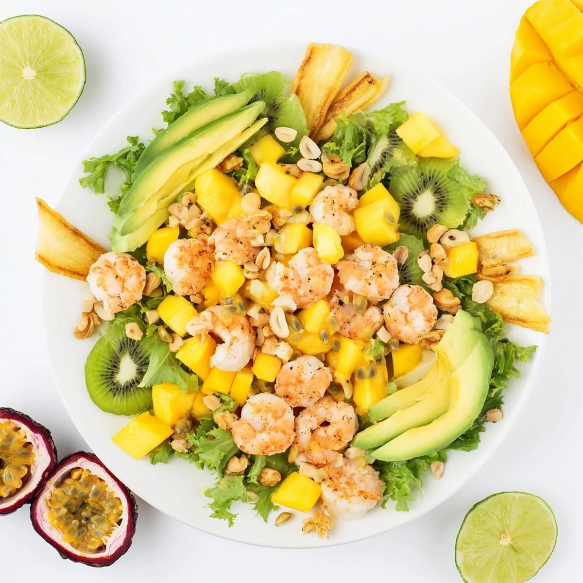 Tropical Wave Tasting Platter bursting with vibrant fruits, fresh shrimp, and creamy avocado, ready to serve.