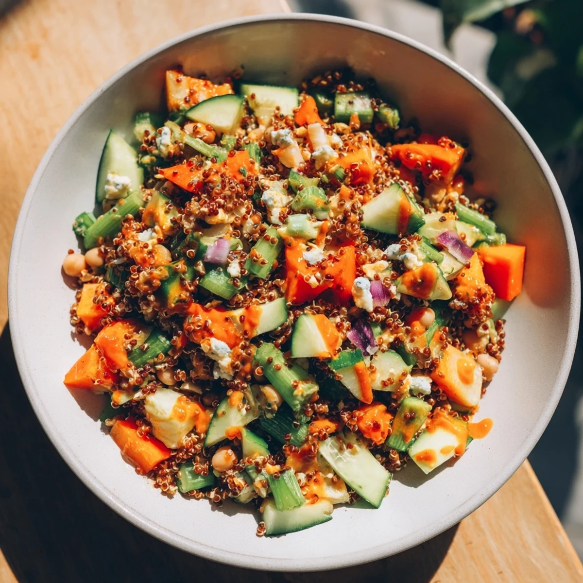 Enjoy this hearty buffalo chicken bean salad, a vegetarian dish with buffalo wing flavor.