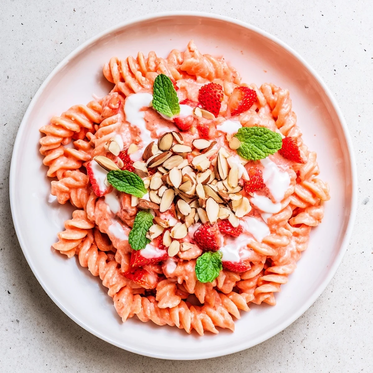 Sweet Strawberry Yogurt Pasta, a refreshing dish, served with vibrant fresh strawberries and creamy yogurt.