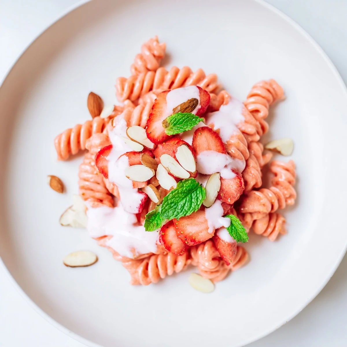 This Sweet Strawberry Yogurt Pasta features a bright, fruity sauce coating perfectly cooked pasta, ready to enjoy.