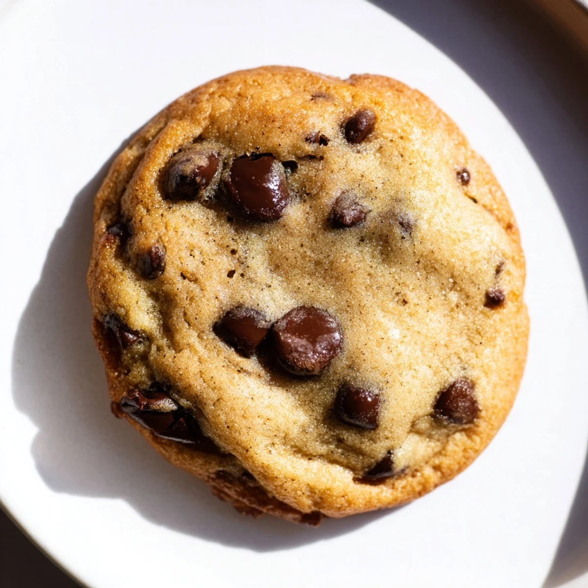Close-up image of a perfectly baked air-fryer chocolate chip cookie with melty chocolate chips.