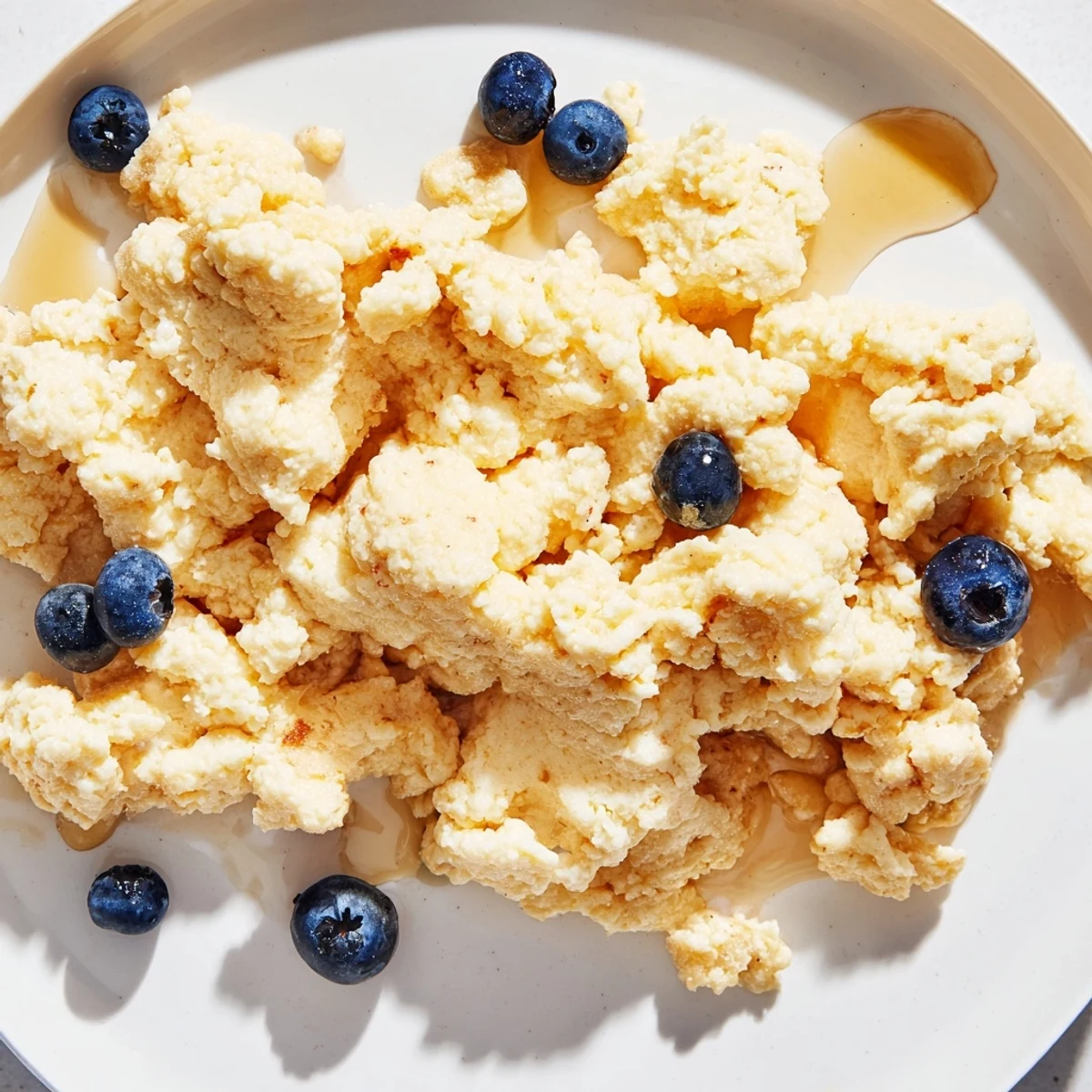 Golden, fluffy scrambled pancakes cooked in a skillet, perfect for a cozy American breakfast served with maple syrup.
