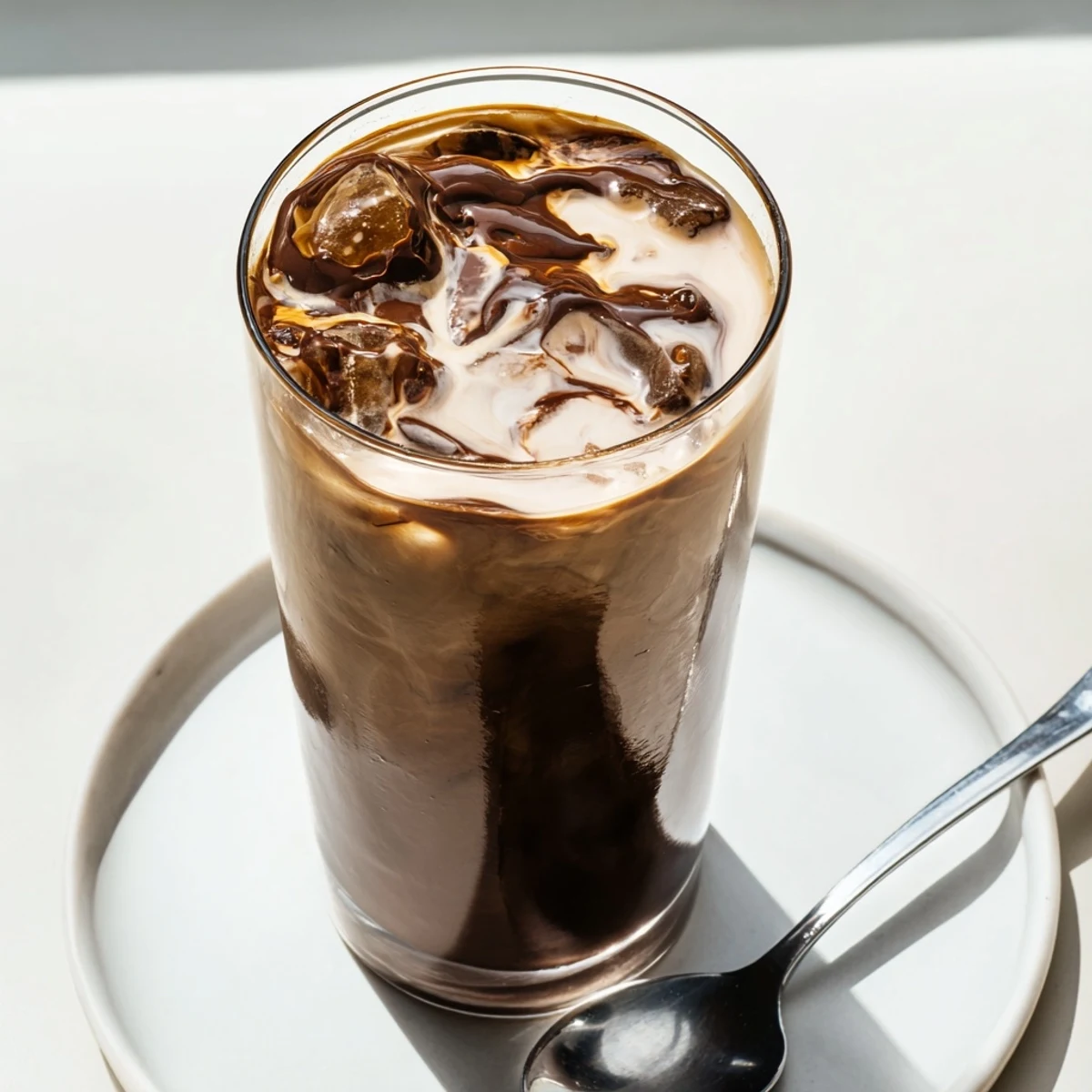 Chocolate Cracking Iced Latte, a visually delightful layered iced coffee with a crisp chocolate topping.