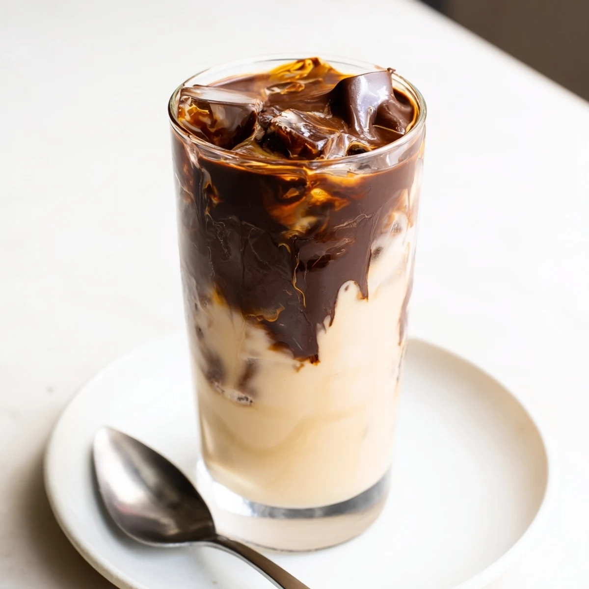 Crisp chocolate cracks over an Iced Chocolate Cracking Latte - a perfect refreshing coffee treat.