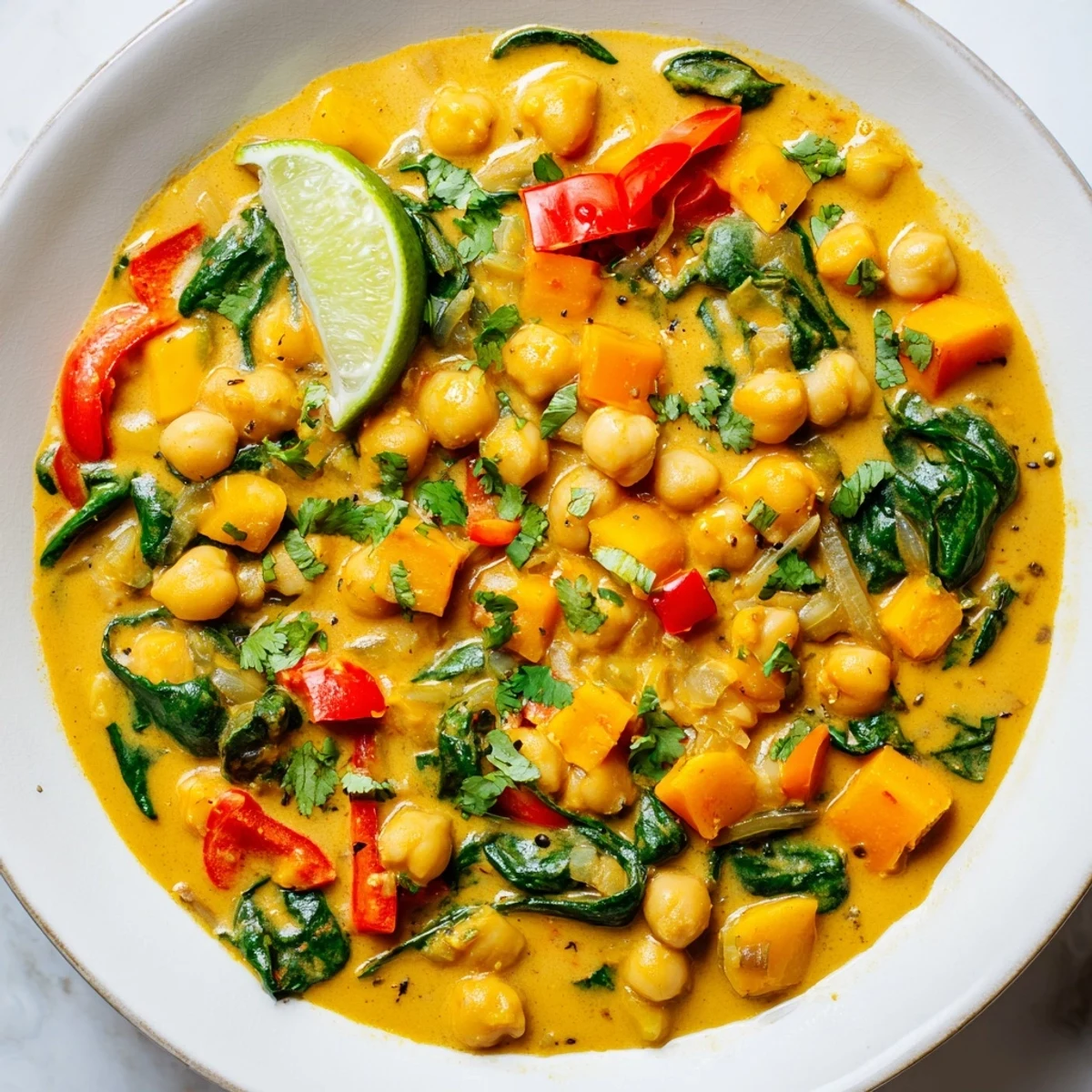 Steaming Chickpea Curry in a pot, served with fresh cilantro and a lime wedge, a flavorful dinner.