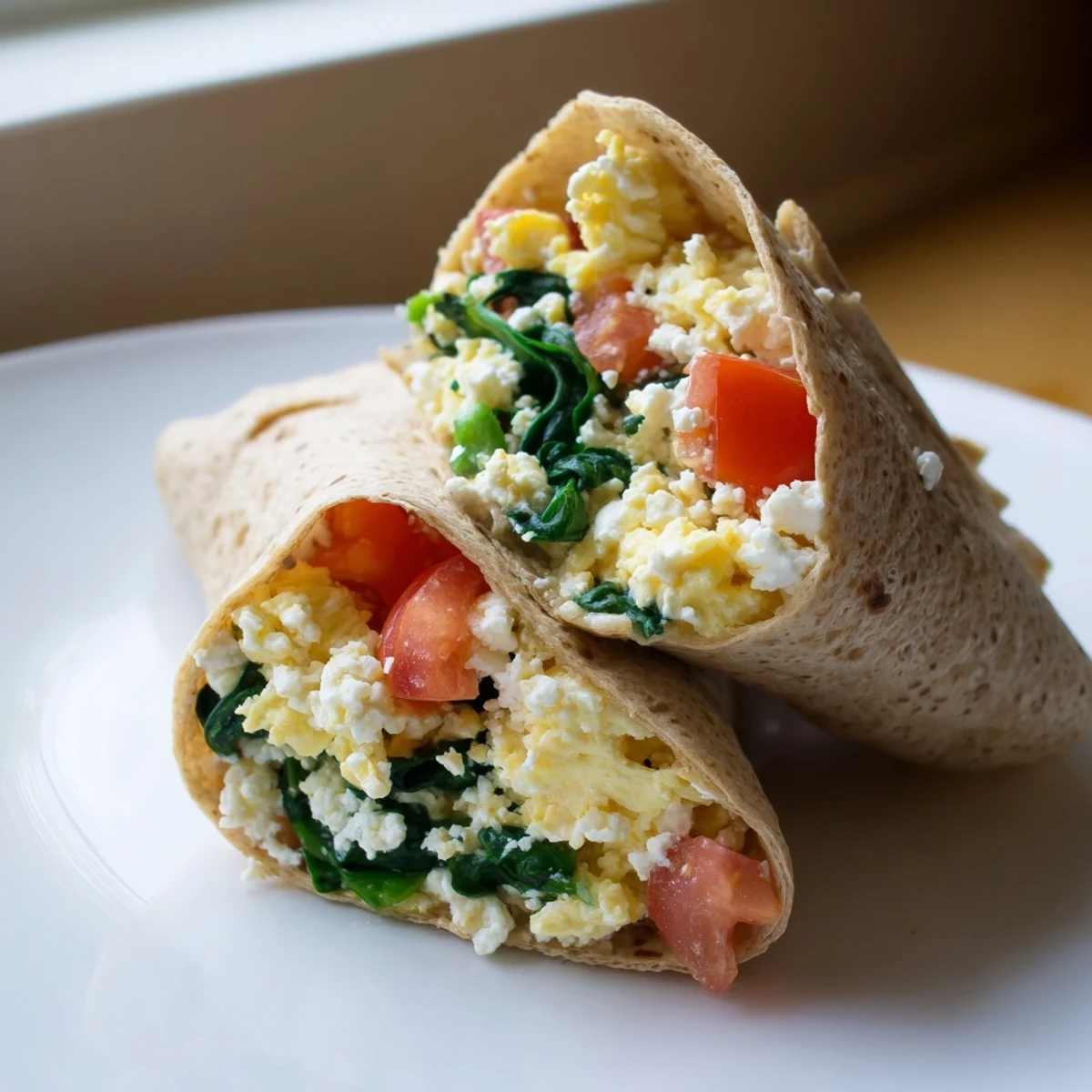 Fluffy feta egg wrap, a breakfast delight bursting with savory flavors and fresh spinach.