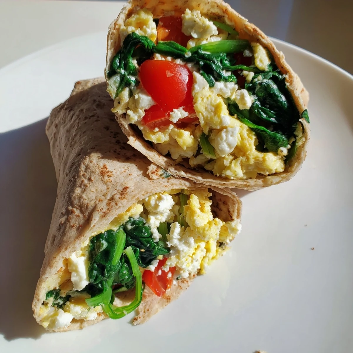 Golden, savory feta egg wraps, filled with vibrant tomatoes and creamy feta cheese, ready to eat.