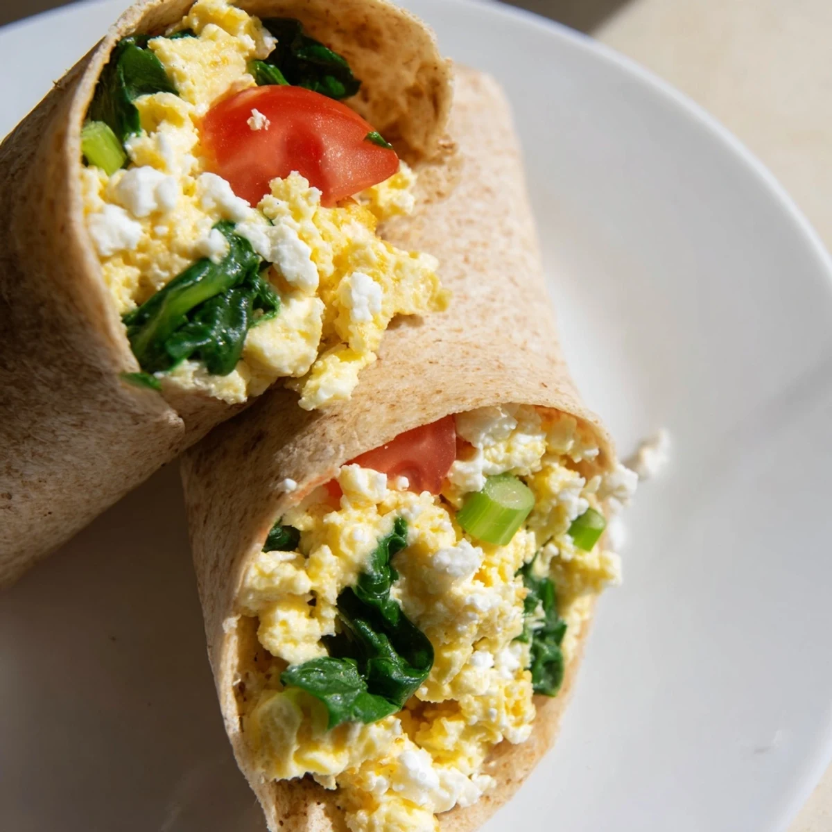 Delicious feta egg wrap, showcasing a healthy breakfast of eggs, vegetables, and feta filling a tortilla.