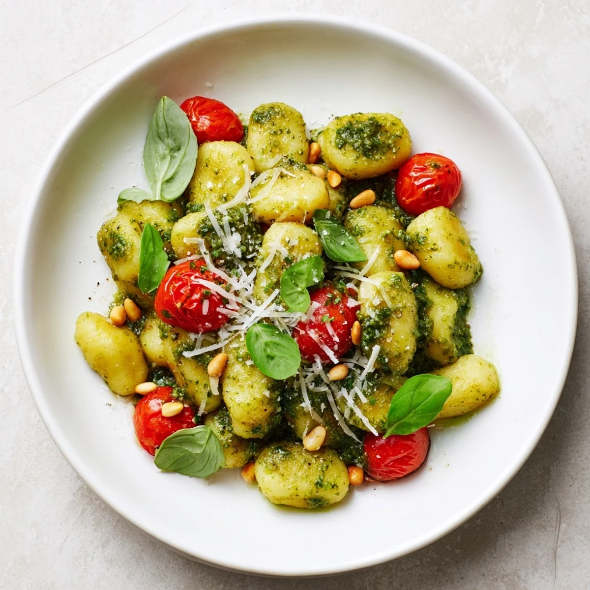 Golden, crispy gnocchi with vibrant pesto sauce, cherry tomatoes, and Parmesan making a delicious meal.