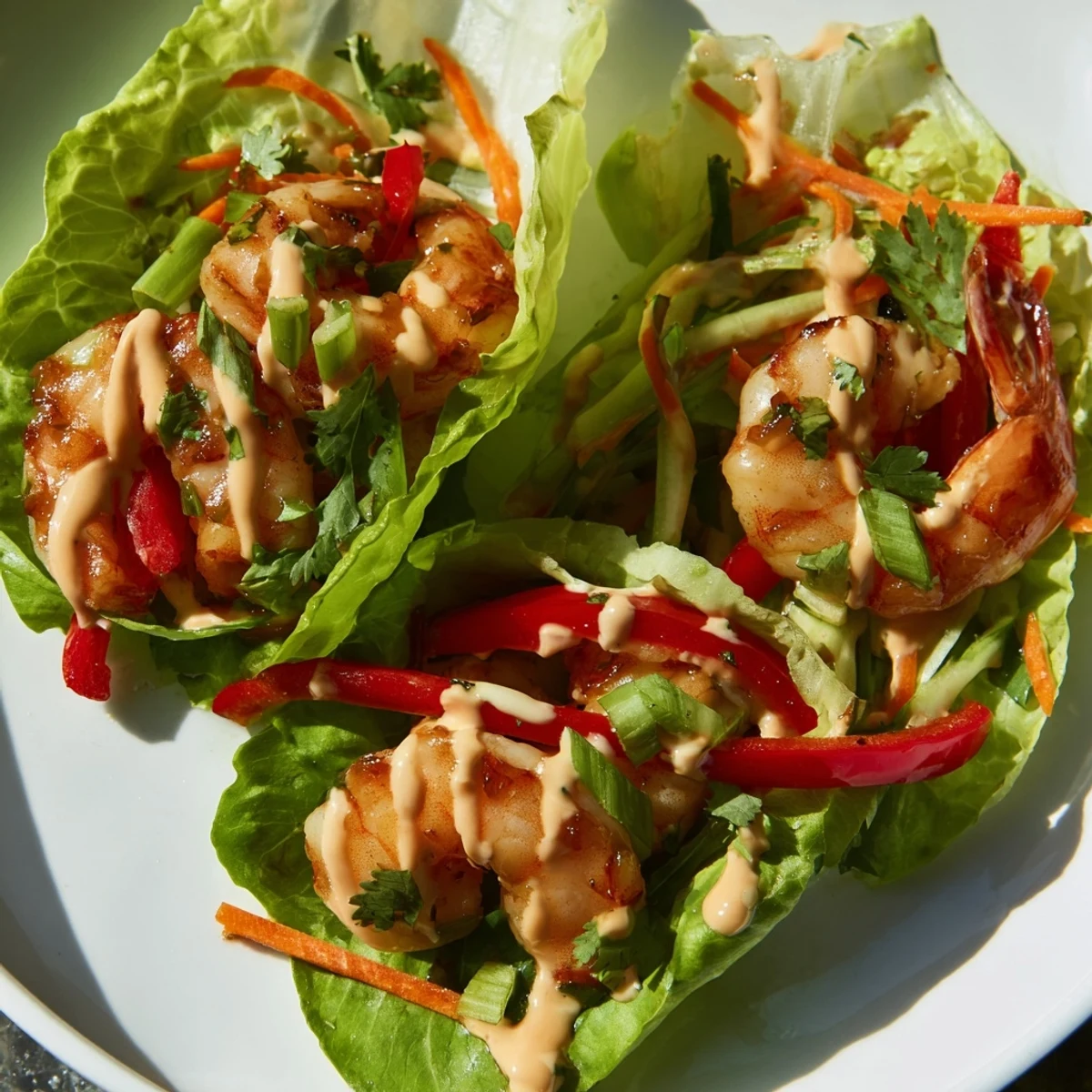 Sizzling, colorful shrimp lettuce cups, filled with spicy shrimp, crunchy vegetables, and a creamy sauce.