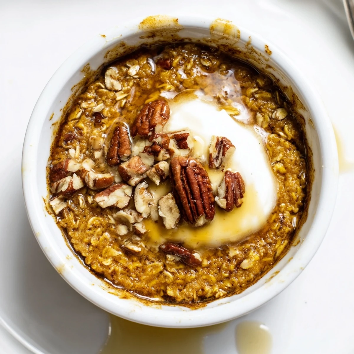 Golden, baked Pumpkin Spice Baked Oats, topped with pecans, ready for a cozy breakfast experience.