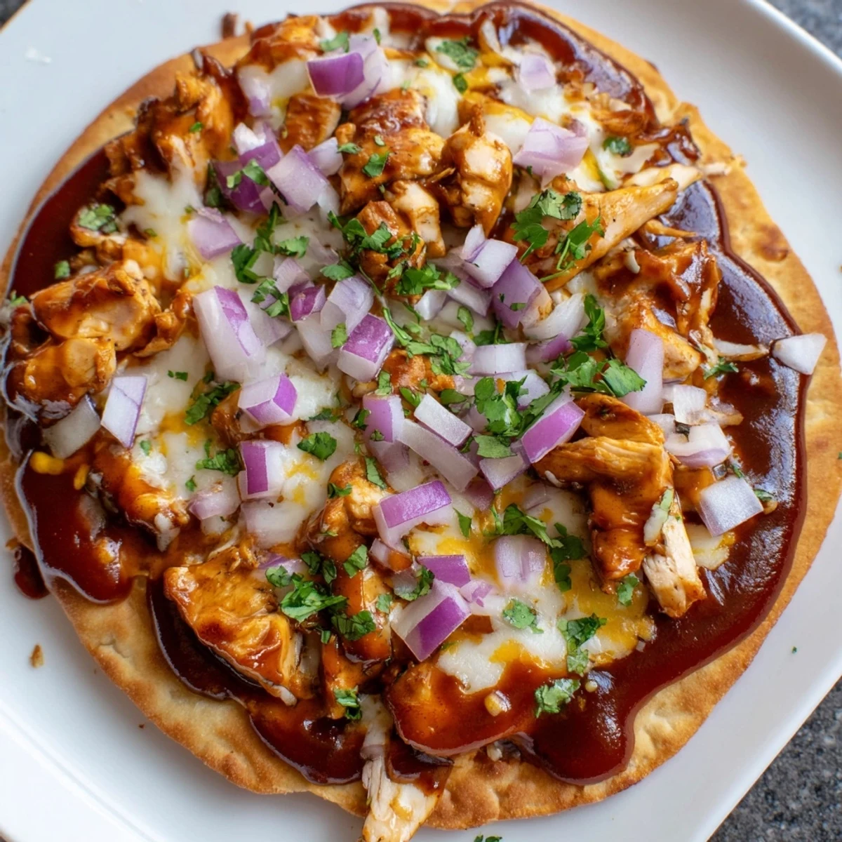 A close-up of smoky BBQ Chicken Flatbread with vibrant red onion, offering a delicious American meal.